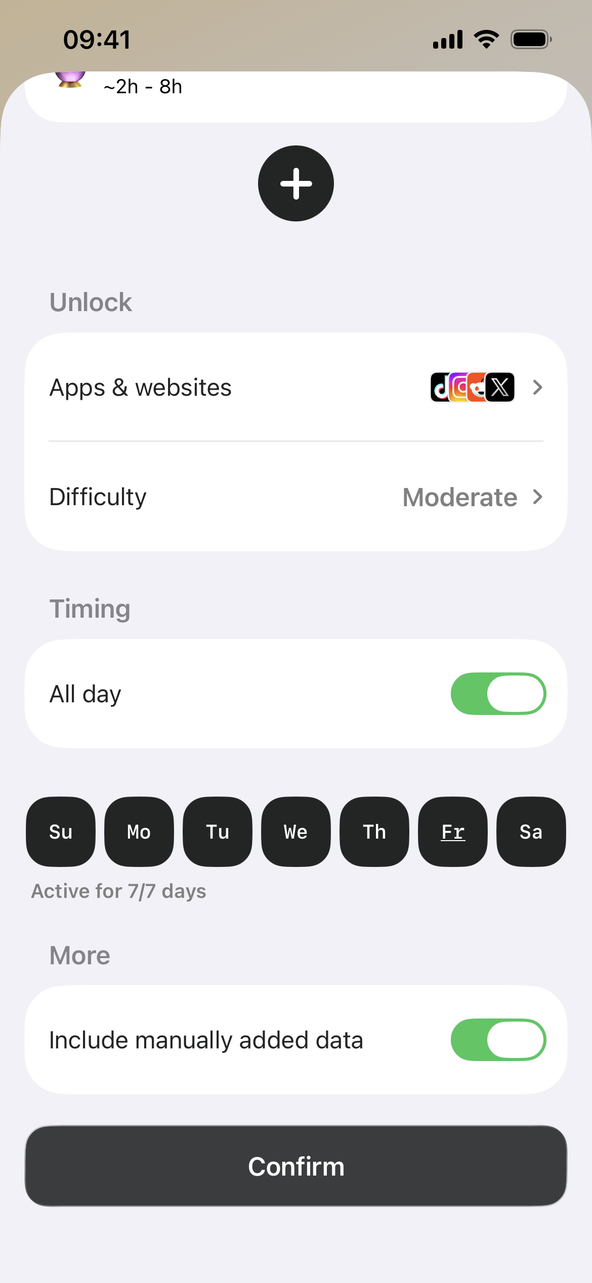 Fitlock schedule settings for choosing which apps and websites to block, the difficulty, and the days it runs