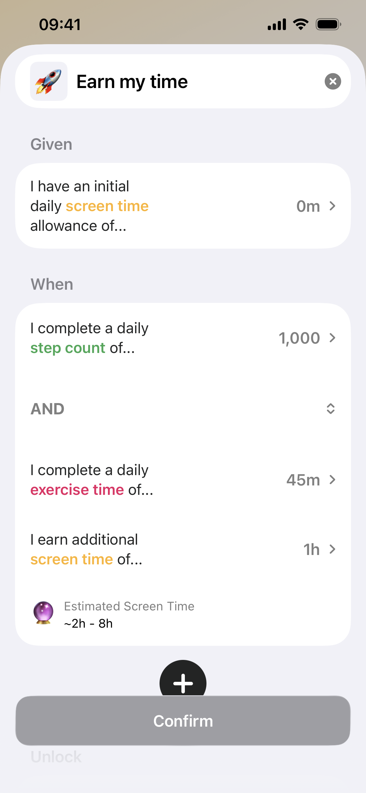 A Fitlock rule in the app: walk 1,000 steps and do 45 minutes of exercise to earn an extra hour of screen time